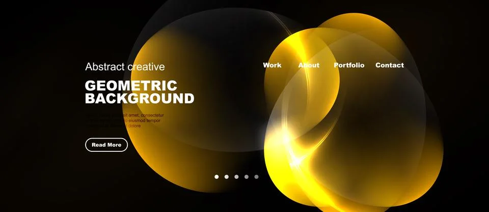 Dark background features golden abstract shapes. Text includes work, about, Stock Illustration
