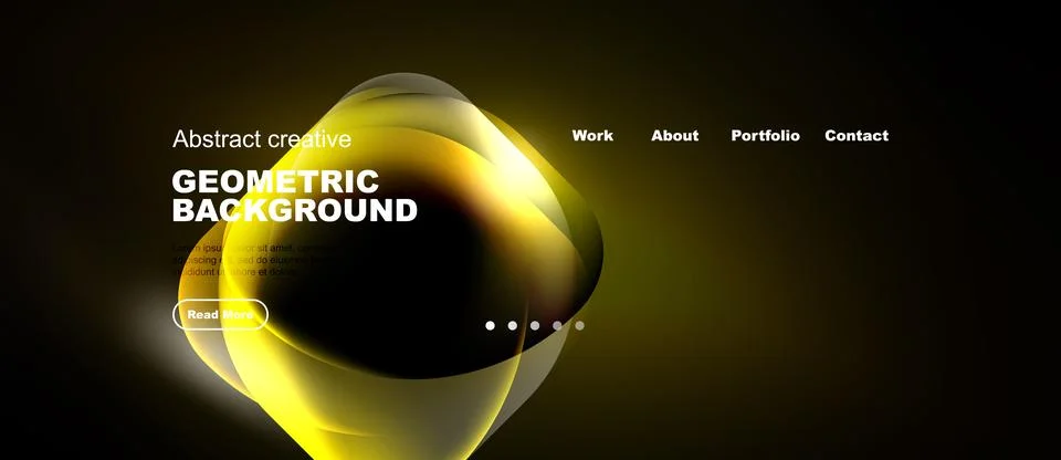 Dark background features golden geometric shapes, text elements, navigation.. Illustrazione stock