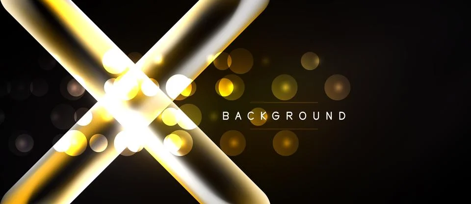 Dark background features golden lines forming X shape. Bright bokeh effects a Stock Illustration