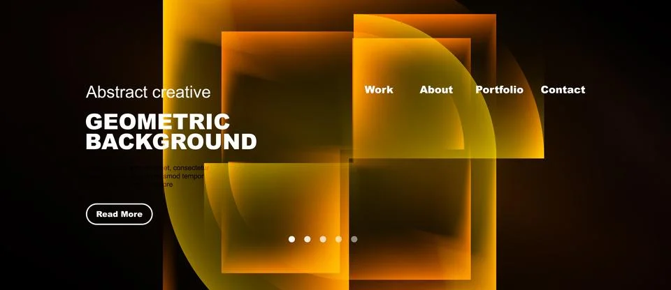 Dark background features layered geometric shapes, vibrant orange hues, websi Stock Illustration