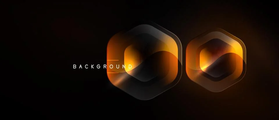 Dark background features layered hexagon shapes. Orange, brown gradients crea Stockillustratie