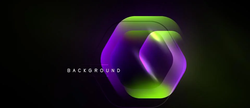 Dark background features layered hexagon shapes. Vibrant purple, green hues Stockillustratie