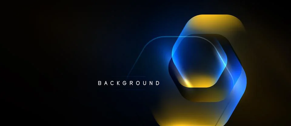 Dark background features layered hexagon shapes. Blue, yellow gradients creat Stock Illustration
