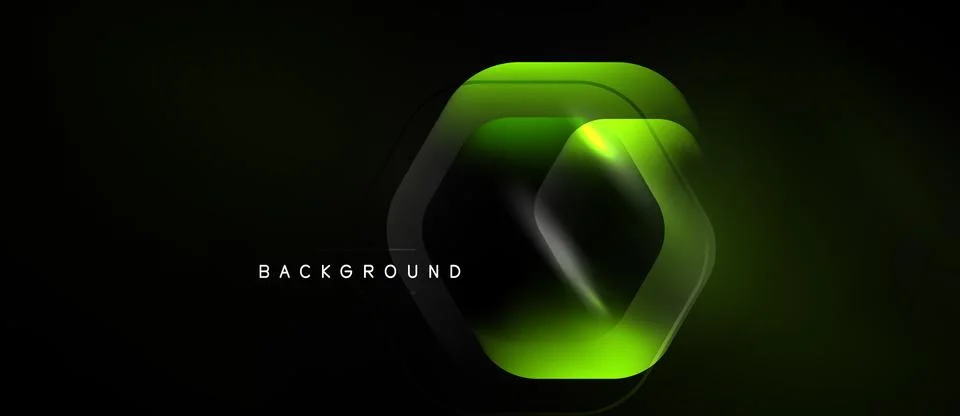 Dark background features layered hexagon shapes. Vibrant green neon glow cr.. Stockillustratie