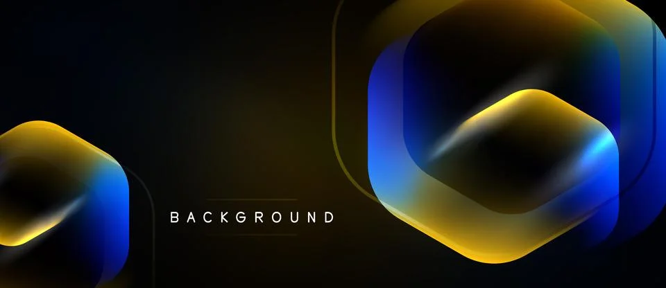 Dark background features layered hexagon shapes. Gold, blue gradients create 스톡 일러스트