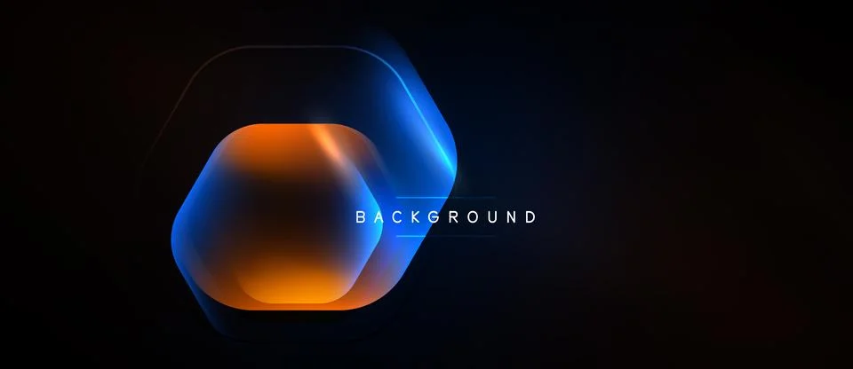 Dark background features layered hexagon shapes. Blue, orange gradients creat Stock Illustration