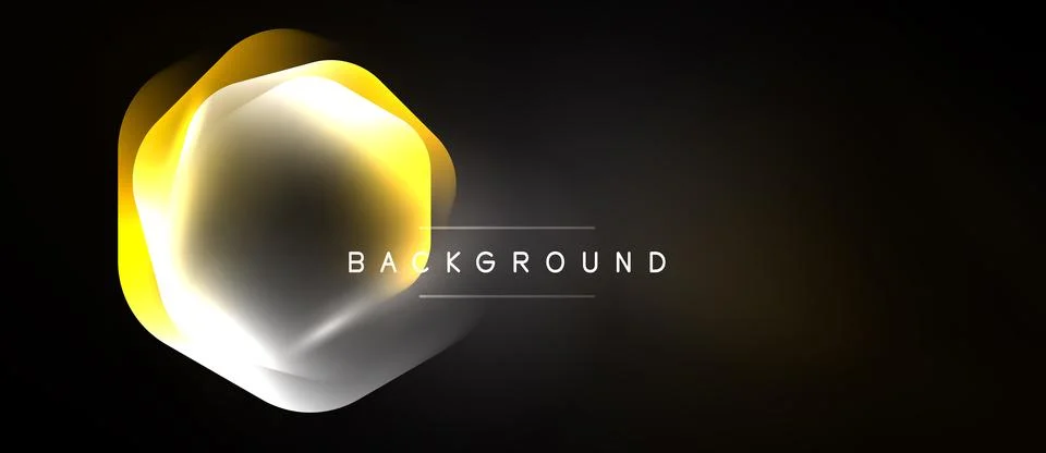 Dark background features layered hexagon shapes. Gold, white, yellow hues c.. イラスト素材