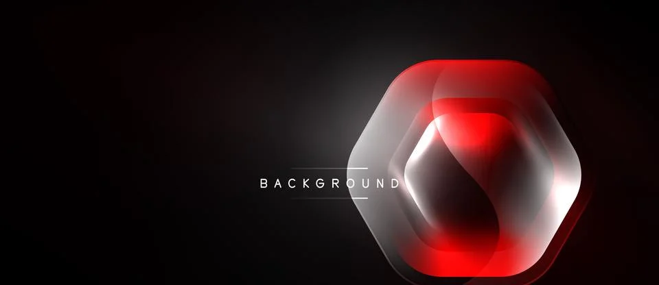 Dark background features layered hexagon shapes. Red glow emanates from cente Stock Illustration