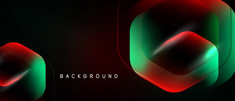 Dark background features layered hexagonal shapes. Red, green gradients creat Illustrazione stock