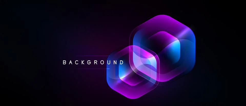 Dark background features layered hexagonal shapes. Vibrant purple, blue hues Illustrazione stock