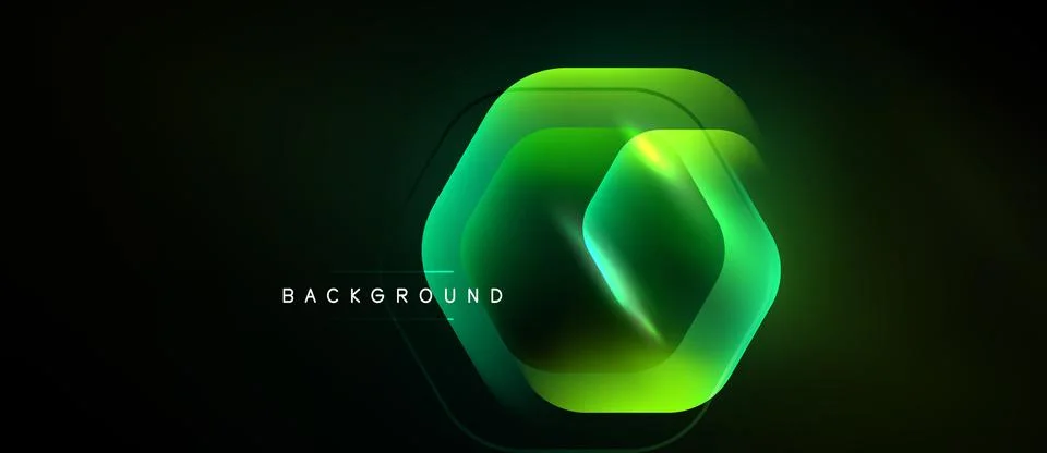 Dark background features layered hexagonal shapes. Vibrant green neon glow Illustrazione stock