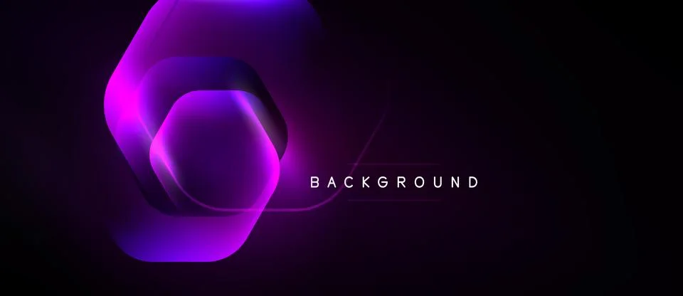 Dark background features layered hexagonal shapes, vibrant pinks, purples. Stockillustratie