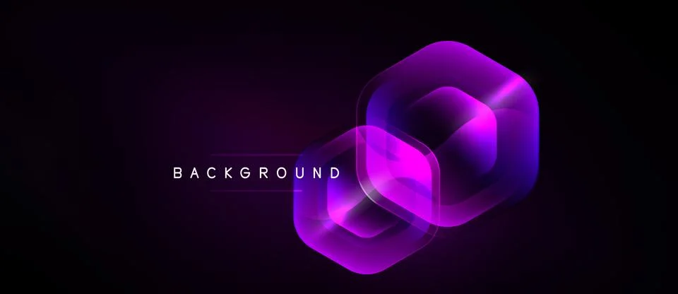 Dark background features layered hexagons. Vibrant purple glows emanate from 스톡 일러스트