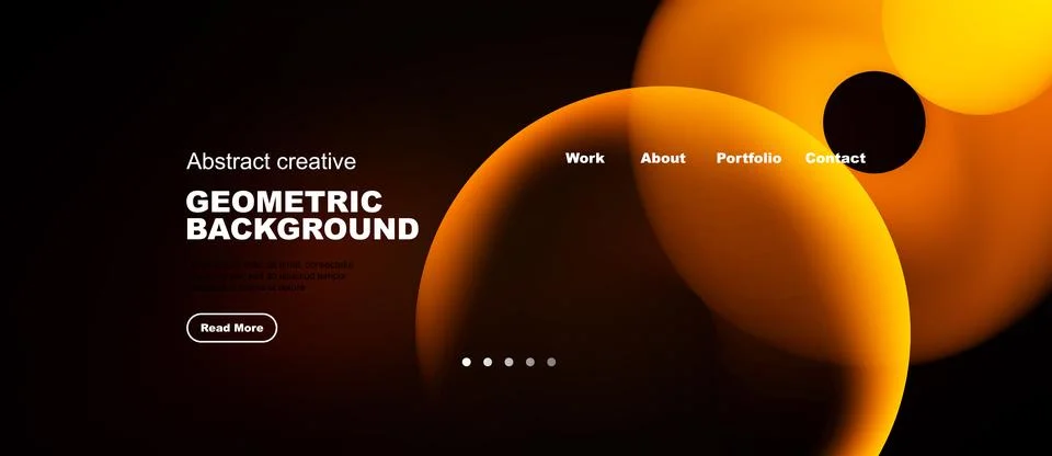 Dark background features orange abstract shapes, text elements, navigation .. Stock Illustration