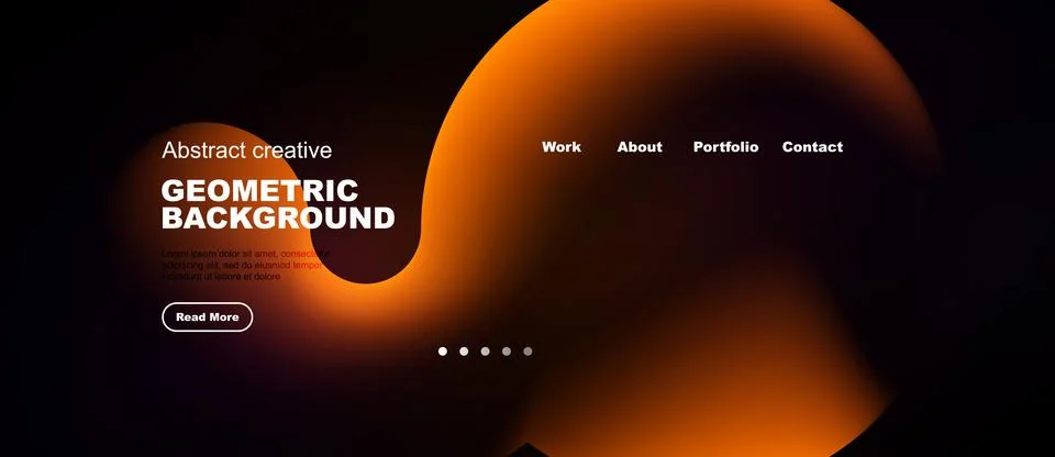 Dark background features orange abstract shape. Website header includes Stockillustratie