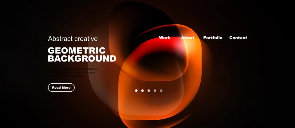 Dark background features orange abstract shapes, text elements, navigation .. Illustrazione stock