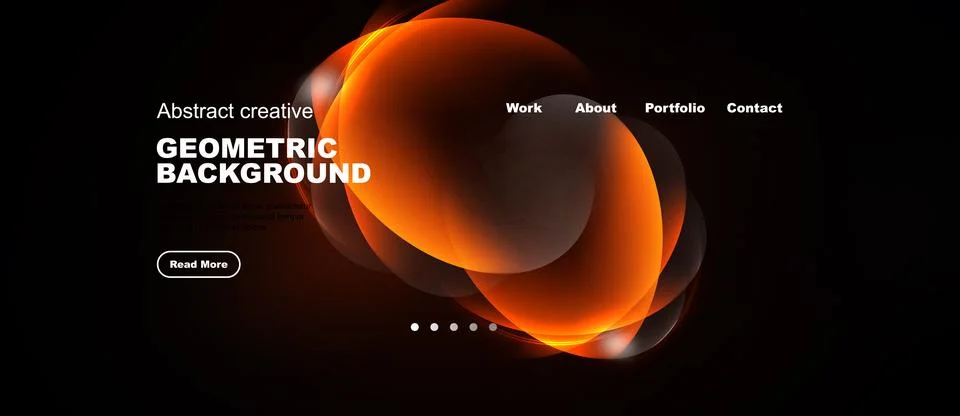 Dark background features orange abstract shapes, text elements, navigation .. Stock Illustration