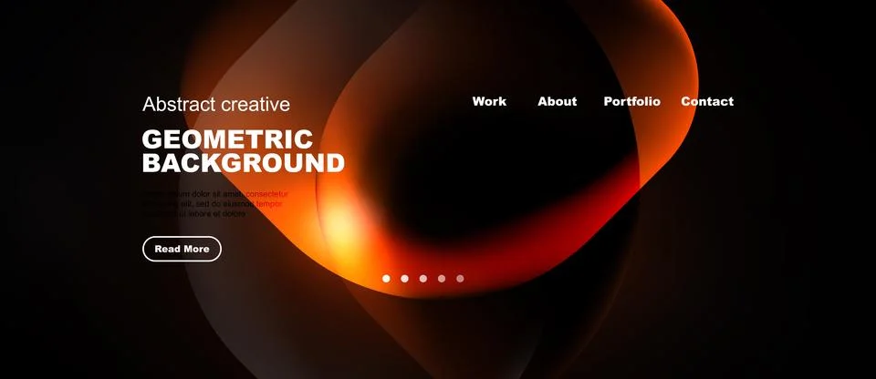 Dark background features orange abstract shapes. Website header includes Stock Illustration