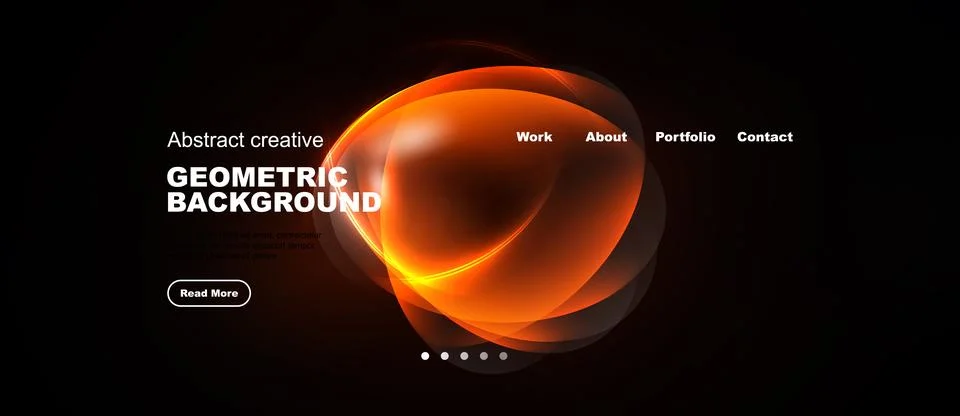 Dark background features orange abstract shape. Text includes geometric Stock Illustration