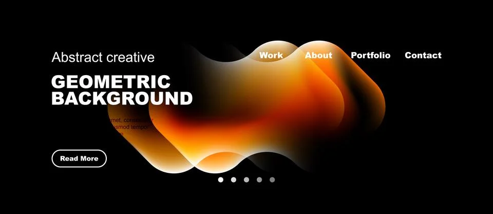 Dark background features orange abstract shapes, website navigation, text イラスト素材