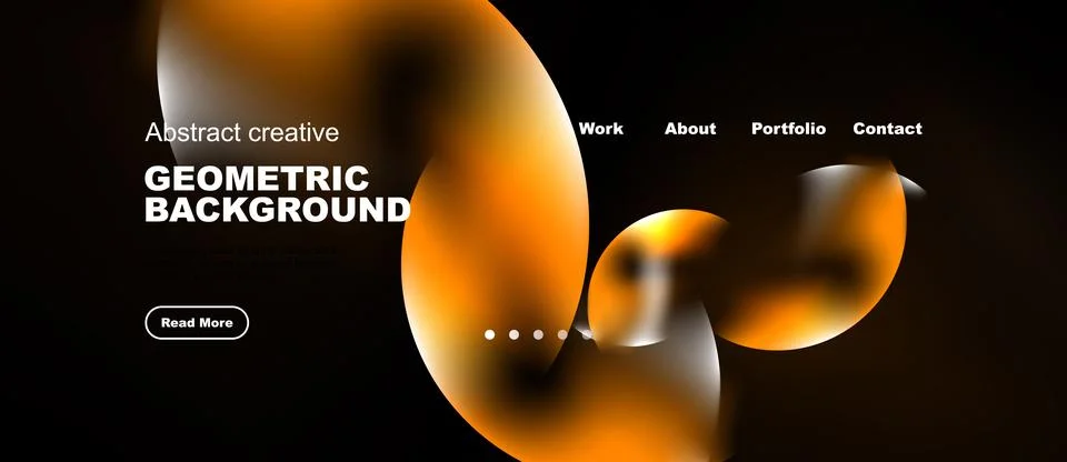 Dark background features orange abstract shapes, text elements, navigation .. Stock Illustration