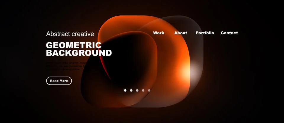 Dark background features orange abstract shapes, text elements, navigation .. Stock Illustration