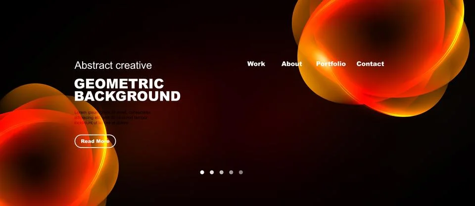 Dark background features orange abstract shapes, website navigation, button. 库存插图