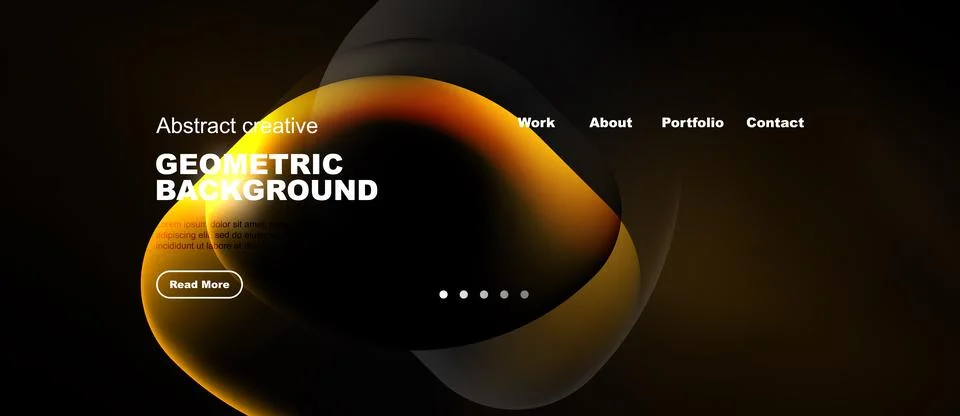 Dark background features orange, fluid shapes. Website header includes Stock Illustration