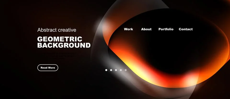 Dark background features orange geometric shapes, text elements, navigation.. Illustrazione stock