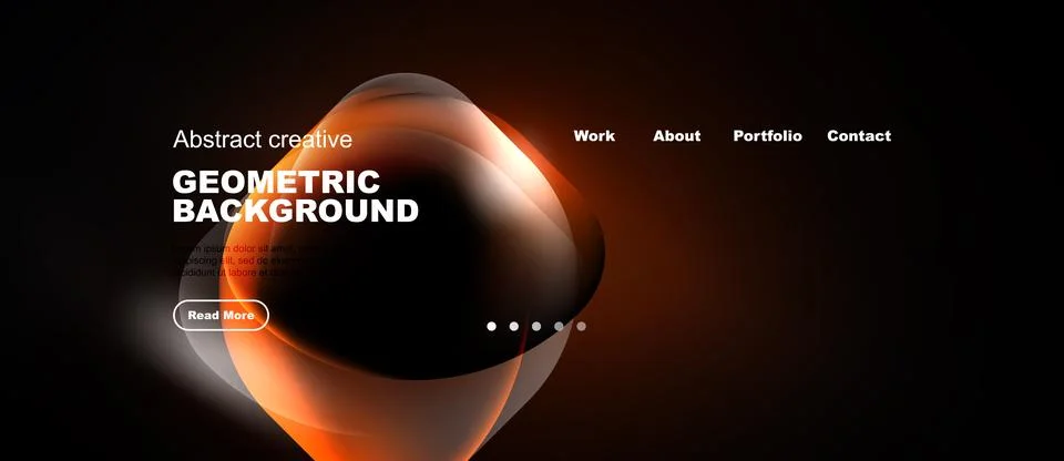 Dark background features orange geometric shapes, text elements, navigation.. Stock Illustration