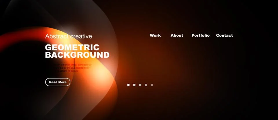 Dark background features orange geometric shapes, text, navigation menu. Butt Stock Illustration