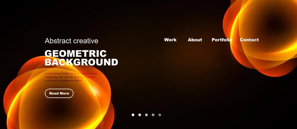 Dark background features orange geometric shapes, text, navigation menu. Mode Stock Illustration