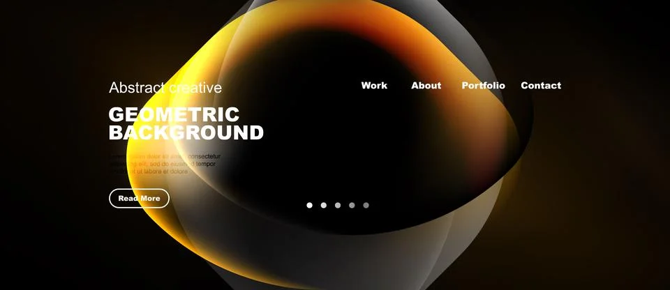 Dark background features orange geometric shapes. Text includes geometric Stock Illustration