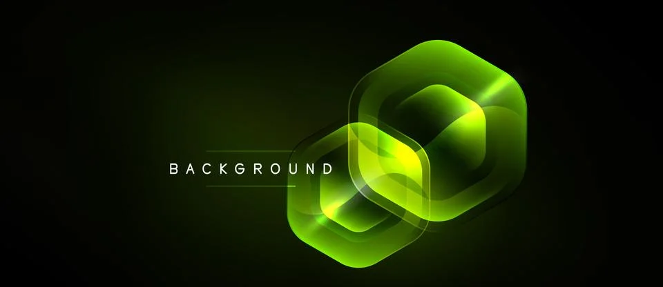 Dark background features overlapping hexagonal shapes. Bright green neon glow Stock Illustration