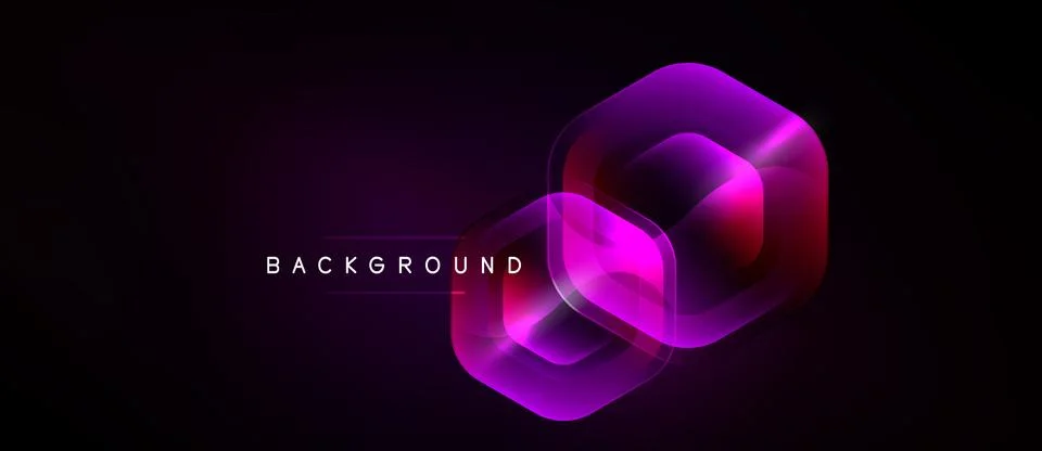 Dark background features overlapping hexagonal shapes. Vibrant pinks, purples Stock Illustration