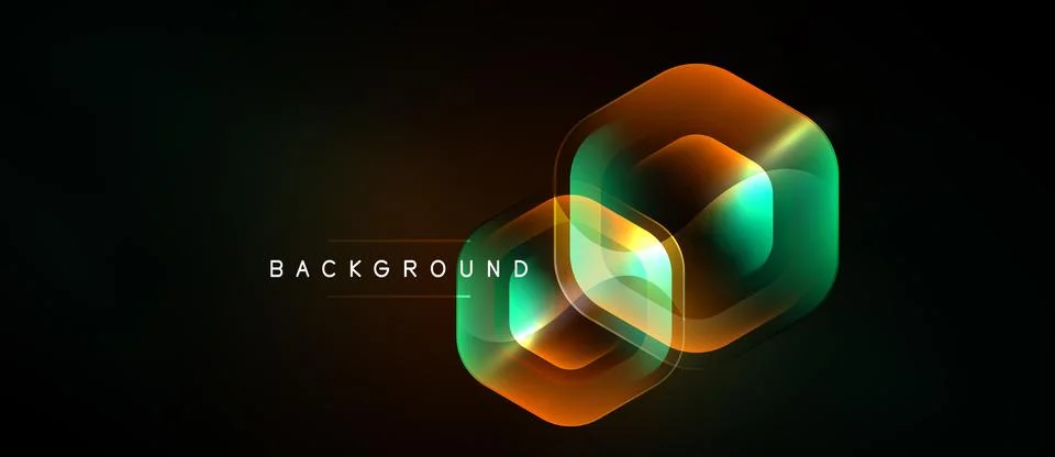 Dark background features overlapping hexagonal shapes. Vibrant orange, teal Stockillustratie