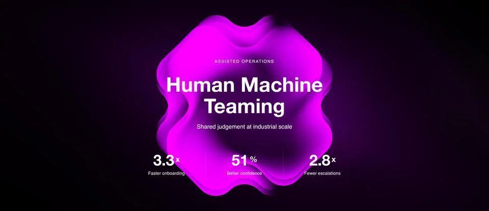 Dark background features pink abstract shape. Text highlights human machine 스톡 일러스트