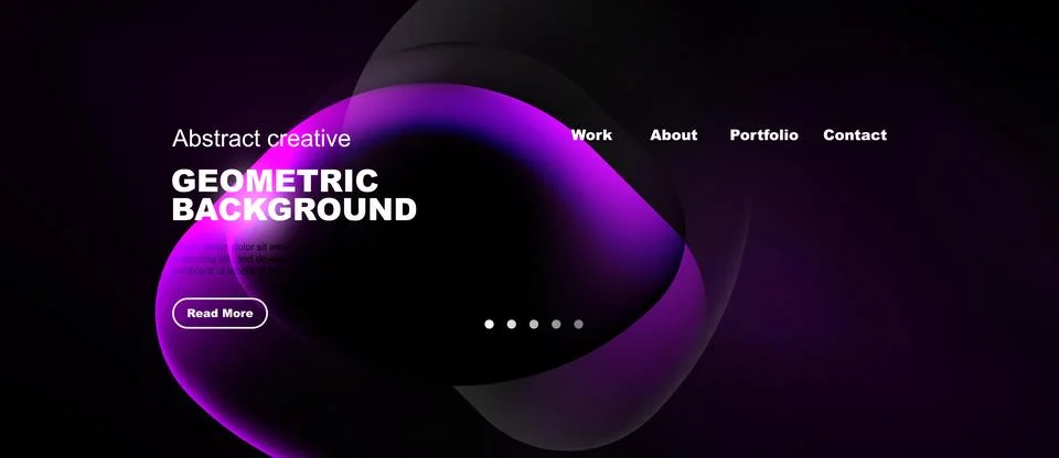 Dark background features purple fluid shapes, text, navigation menu. Modern Stock Illustration