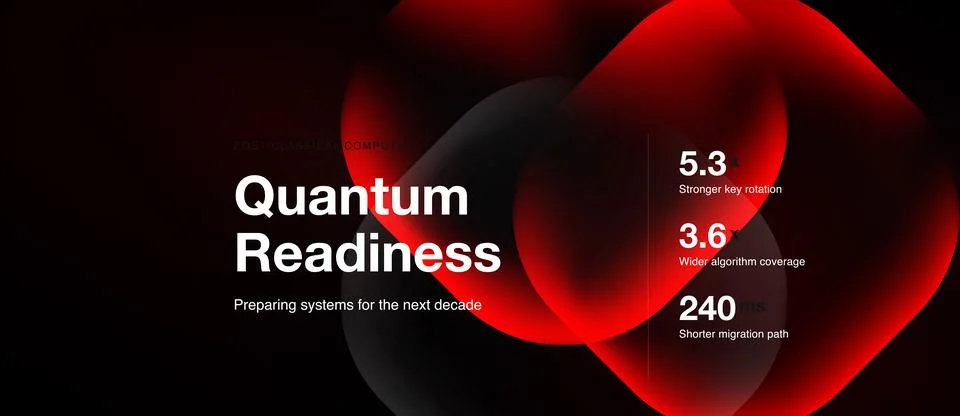 Dark background features quantum readiness text, numeric data points, red Stockillustratie