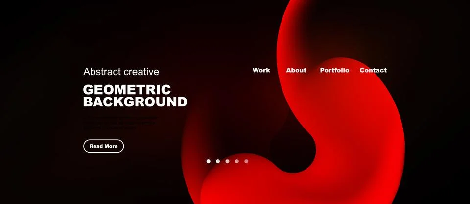 Dark background features red abstract shapes, text elements, navigation opt.. Illustrazione stock