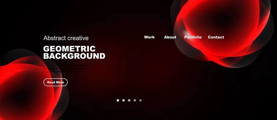 Dark background features red abstract shapes, text elements, navigation menu. Illustrazione stock