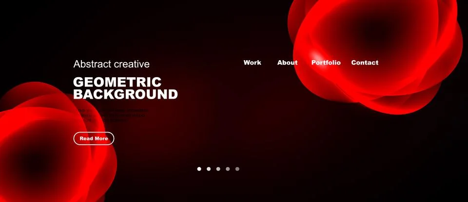 Dark background features red abstract shapes, text elements, navigation menu. Illustrazione stock