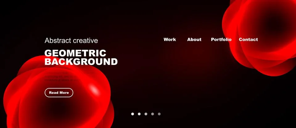 Dark background features red abstract shapes, text elements, navigation menu. Illustrazione stock