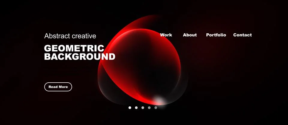 Dark background features red abstract shapes, text elements, navigation menu. Illustrazione stock