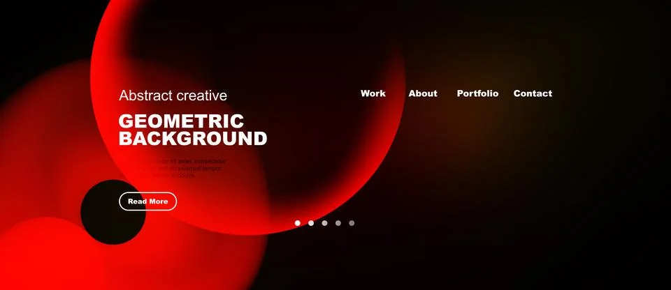 Dark background features red abstract shapes, text elements, navigation menu. Illustrazione stock