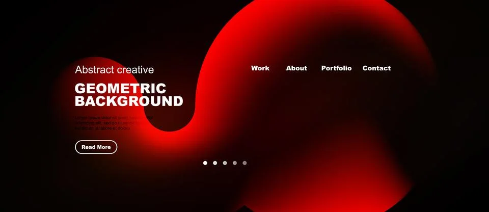 Dark background features red abstract shape, text elements, navigation menu. Stock Illustration