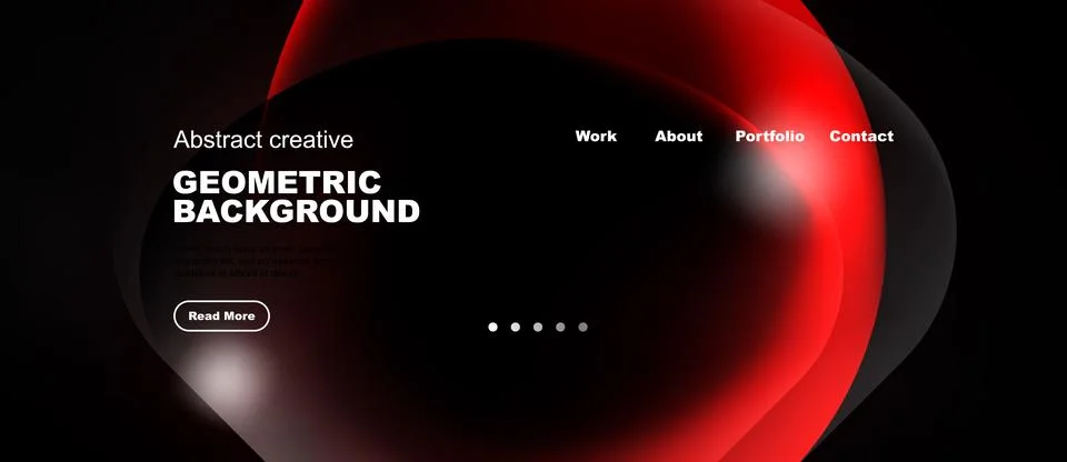 Dark background features red abstract shapes. Website header includes navig.. Stock Illustration