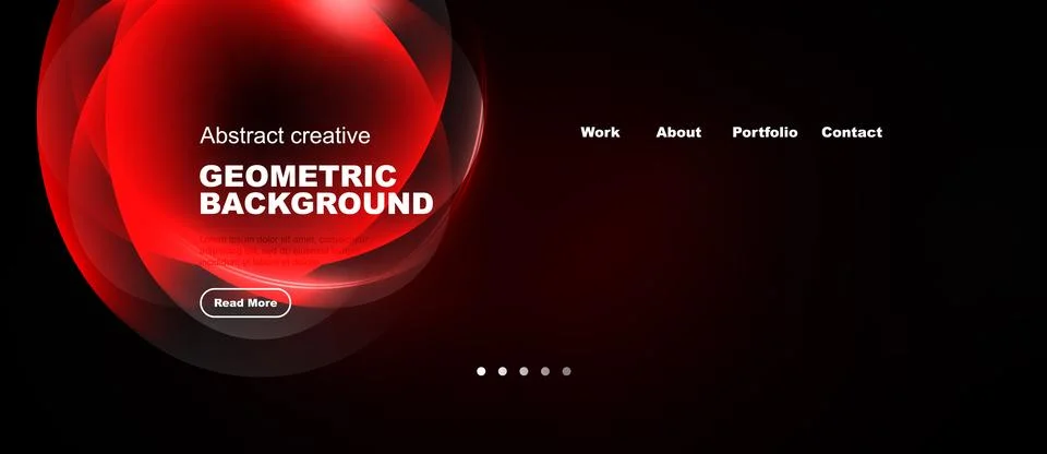 Dark background features red abstract shapes, text elements, navigation menu. Stock Illustration