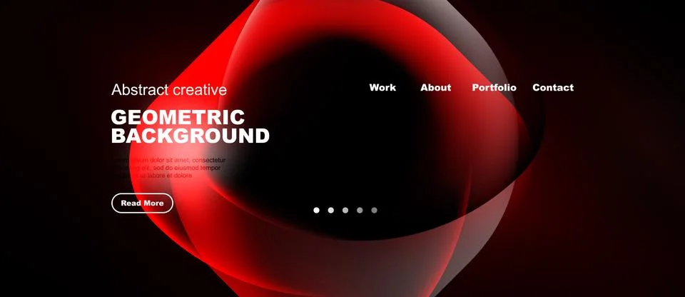 Dark background features red abstract shapes, text elements, navigation menu. Stock Illustration
