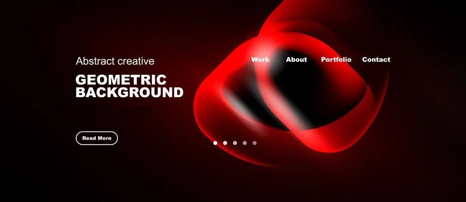 Dark background features red abstract shapes, text elements, navigation menu. Illustrazione stock